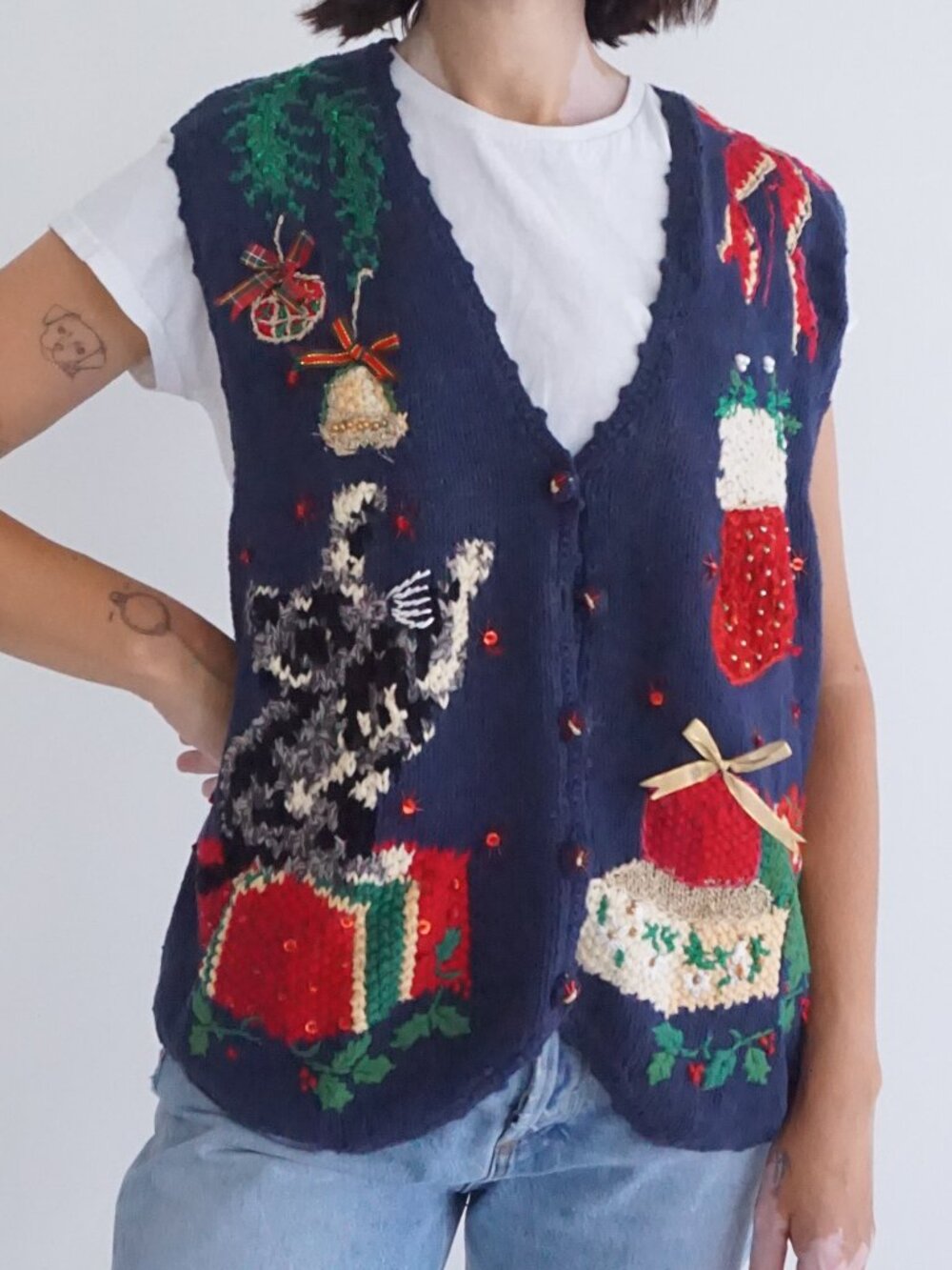 Vintage Tiara Navy Christmas Tree Presents Stockings Knit Festive Vest L